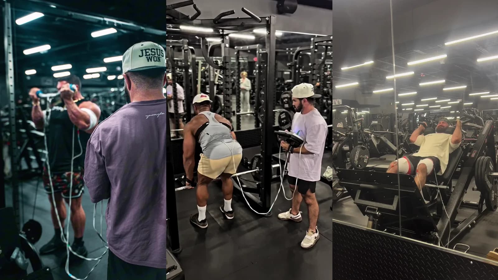 Three training-floor views of Jason using ARPwave during active bodybuilding exercises