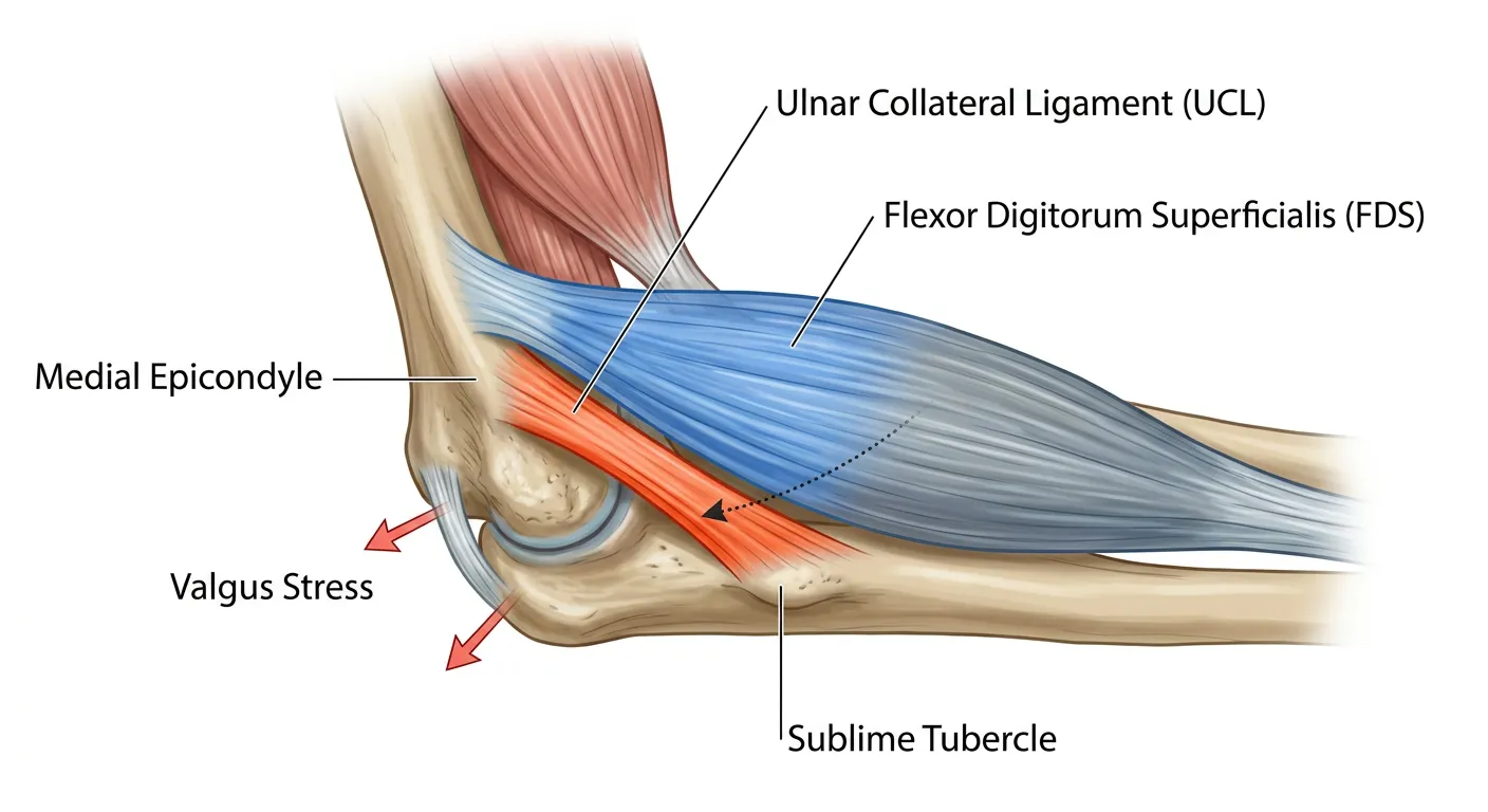 Anatomy of the medial elbow showing the UCL, flexor-pronator tissue, and valgus stress